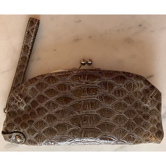 GUESS Faux Crocodile Leather Textured Wristlet Clutch Brown - Picture 4 of 10